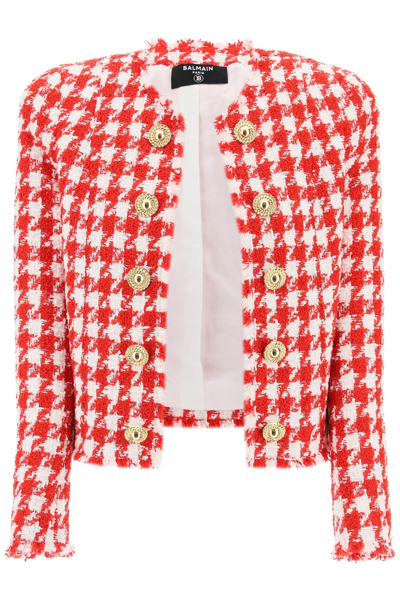 Shop Balmain Houndstooth Tweed Open Jacket In White,red
