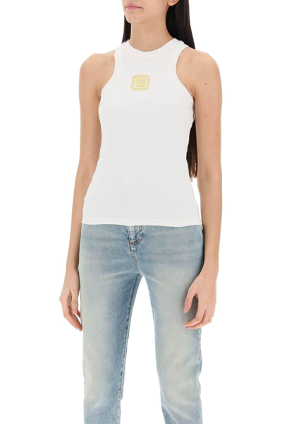Shop Balmain Tank Top With Pb Embroidery In White