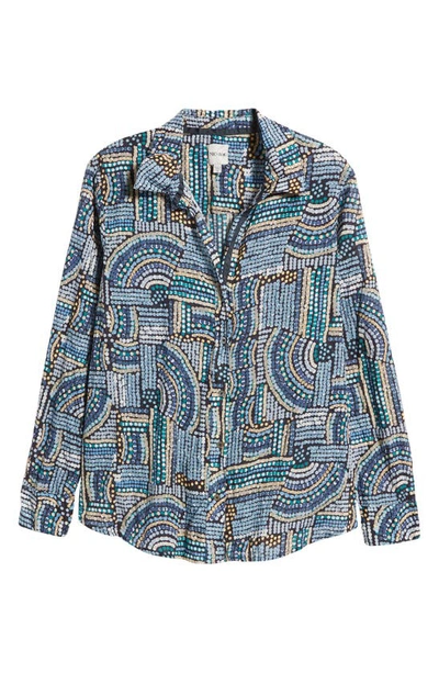 Shop Nic + Zoe Mosaic Mix Crinkle Cotton Button-up Shirt In Blue Multi