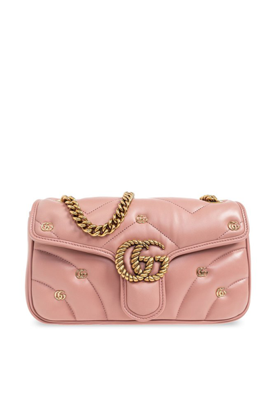 Shop Gucci Gg Marmont Logo Plaque Small Shoulder Bag In Pink