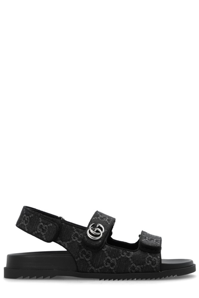 Shop Gucci Monogrammed Logo Plaque Sandals In Black