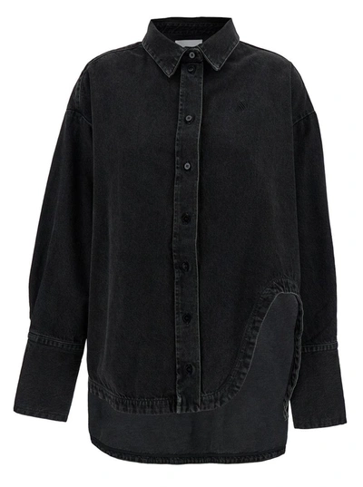 Shop Attico 'diana' Oversized Black Shirt With Asymmetric Hem And Logo Embroidery In Denim Woman
