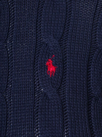 Shop Polo Ralph Lauren 'juliana' Blue Cable Knit Pullover With Contrasting Embroidered Logo In Cotton Woman