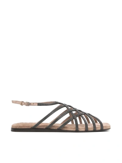 Shop Brunello Cucinelli Cross Sandals Shoes In Brown