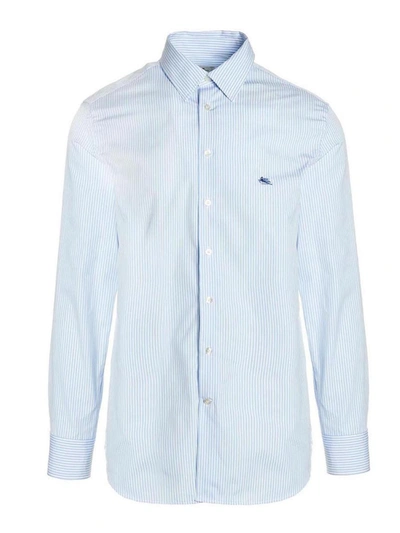 Shop Etro Logo Embroidery Striped Shirt In Blue