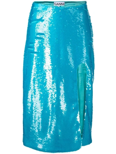 Shop Ganni Sequins Skirt In Blue