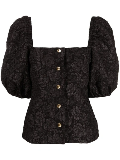 Shop Ganni Stretch Jacquard Fitted Blouse Clothing In Black