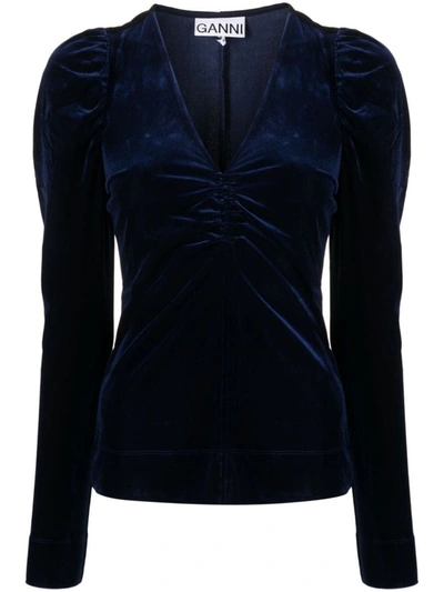 Shop Ganni Velvet Jersey V-neck Blouse Clothing In Blue