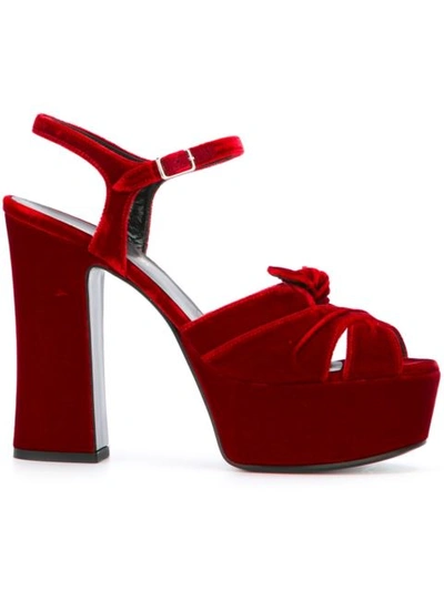 Saint Laurent Candy Bow-detail Velvet Platform Sandals In Rosso