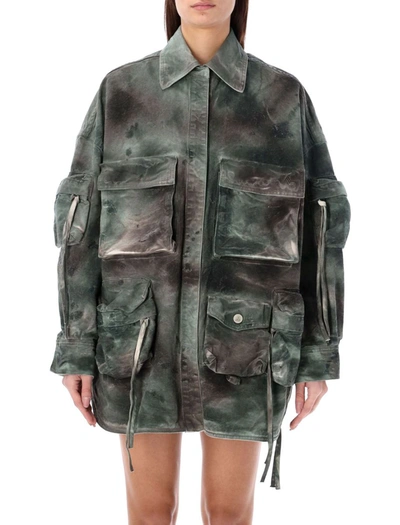 Shop Attico The  ''fern'' Short Coat In Green Camoufalge