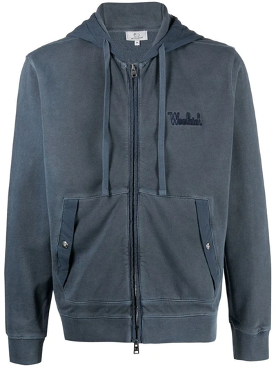 Woolrich Logo Embroidered Zipped Drawstring Hoodie In Blue