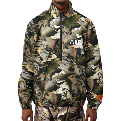 Heron Preston Camouflage Windbreaker With Stand Collar In Brown