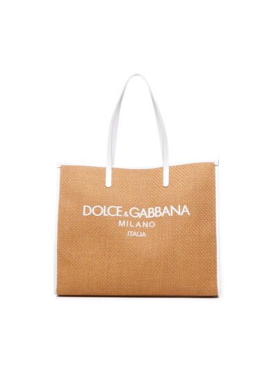 Shop Dolce & Gabbana Logo Embroidered Large Shopper Bag In Beige