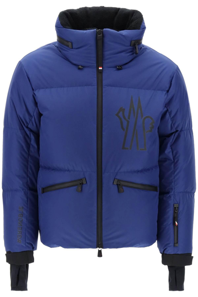 Moncler Printed Down Jacket With Hood And Ski Pass Pocket In Blue