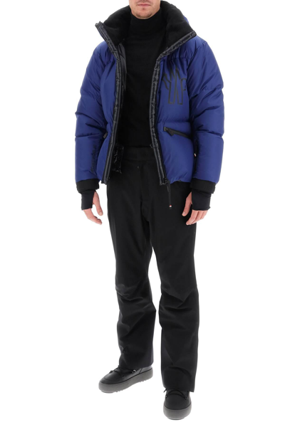 Moncler Printed Down Jacket With Hood And Ski Pass Pocket In Blue