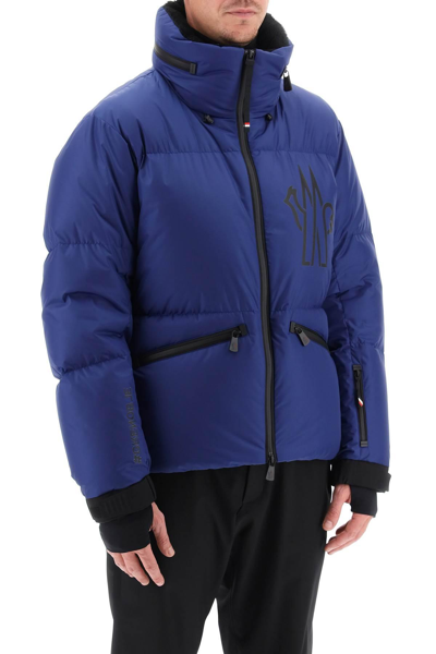 Moncler Printed Down Jacket With Hood And Ski Pass Pocket In Blue