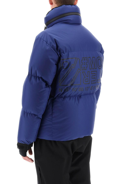 Moncler Printed Down Jacket With Hood And Ski Pass Pocket In Blue