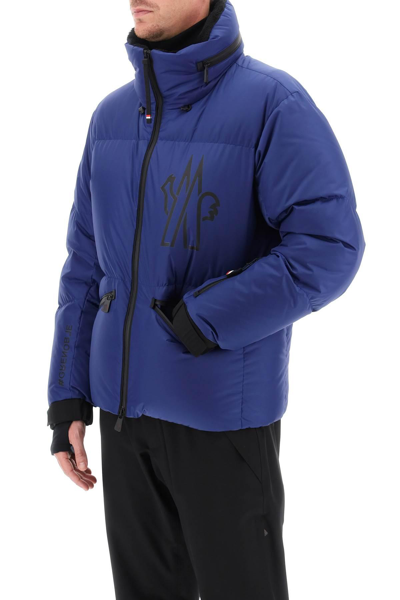 Moncler Printed Down Jacket With Hood And Ski Pass Pocket In Blue