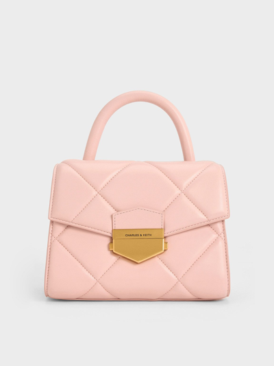 Shop Charles & Keith - Vertigo Quilted Trapeze Top Handle Bag In Pink
