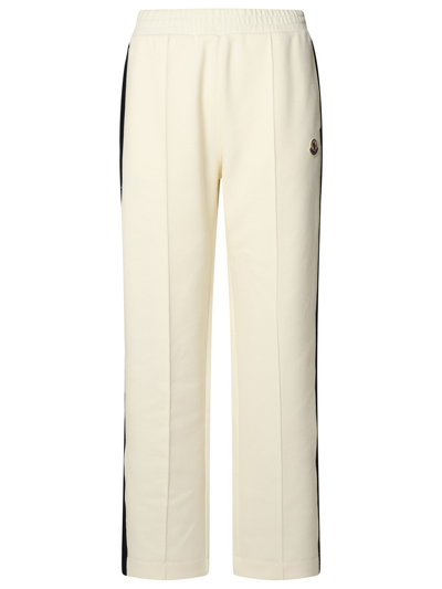 Shop Moncler Woman  Ivory Cotton Blend Trousers In White
