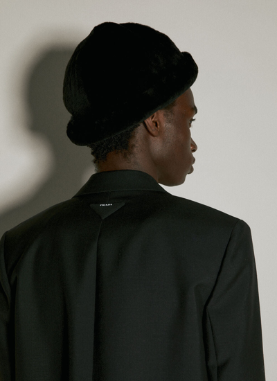 Shop Prada Men Logo Plaque Shearling Hat In Black