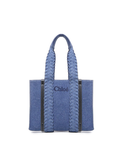 Shop Chloé Woody Denim Small Tote Bag In Blue