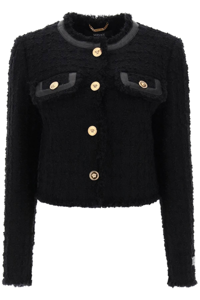 Shop Versace Cropped Jacket In Boucle Tweed Women In Black