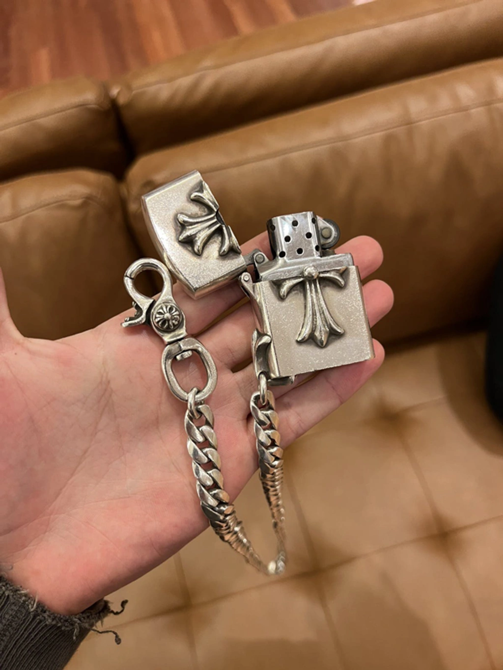 Pre-owned Chrome Hearts Xl Cuban Link Lighter Chain Zippo Cross In 
