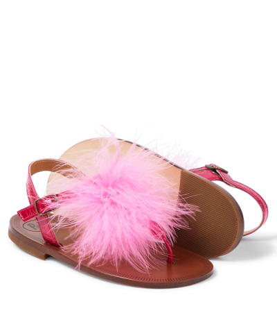 Shop Pèpè Vernice Feather-trimmed Leather Sandals In Pink