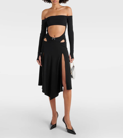 Shop Mugler Logo Asymmetric Midi Skirt In Black