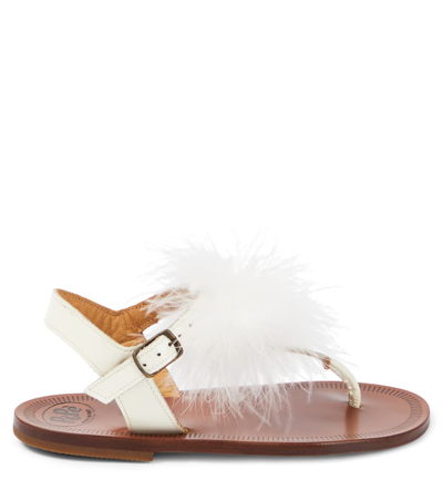 Pèpè Vernice Feather-trimmed Leather Sandals In White