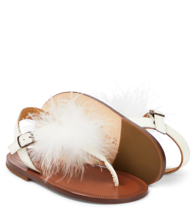 Pèpè Vernice Feather-trimmed Leather Sandals In White