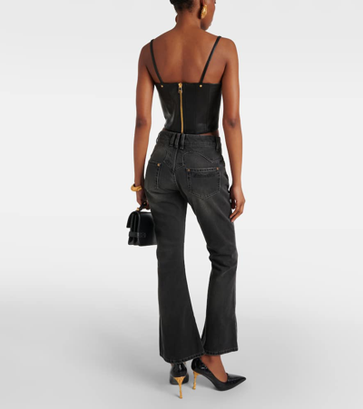 Balmain Logo-embroidered Whiskering-detail Bootcut Jeans In Noir Delave