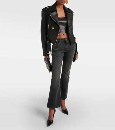 Balmain Logo-embroidered Whiskering-detail Bootcut Jeans In Noir Delave