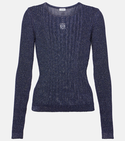 Shop Loewe Anagram Ribbed-knit Top In Dark Blue