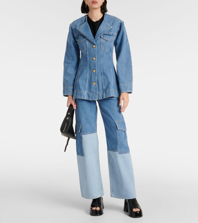 Ganni Cutline Fitted Blazer In Light Blue Denim In Blue