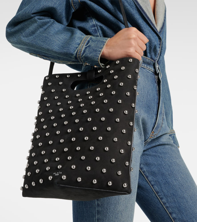 Alaïa Folded Embellished Suede Tote Bag In Noirarg