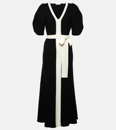 Shop Gabriela Hearst Lilias Puff-sleeve Wool Midi Dress In Black/ivory