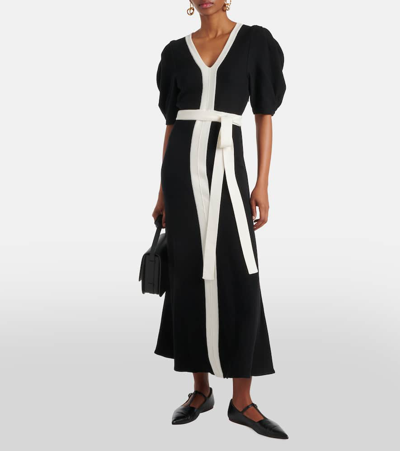 Shop Gabriela Hearst Lilias Puff-sleeve Wool Midi Dress In Black/ivory