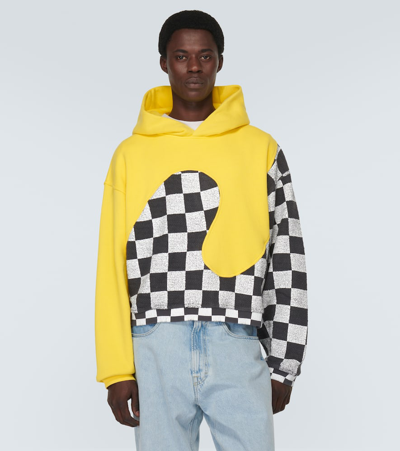 Erl Yellow Check Pattern Panelled Hoodie In Cotton Unisex In Yellow Checker