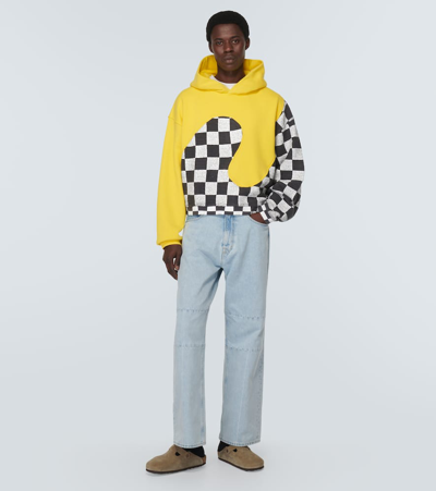 Erl Yellow Check Pattern Panelled Hoodie In Cotton Unisex In Yellow Checker