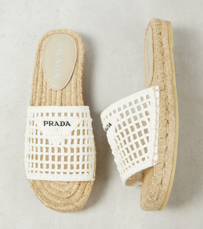 Prada Woven Logo Flat Slide Espadrilles In Beige