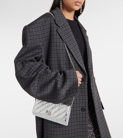 Balenciaga Crush Metallic Leather Wallet On Chain In Silver