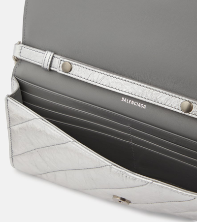 Balenciaga Crush Metallic Leather Wallet On Chain In Silver
