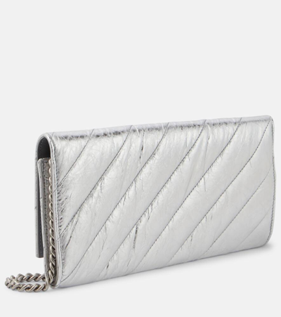 Balenciaga Crush Metallic Leather Wallet On Chain In Silver