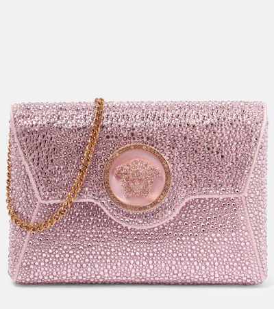 Shop Versace La Medusa Embellished Satin Clutch In Pale Pink Gold