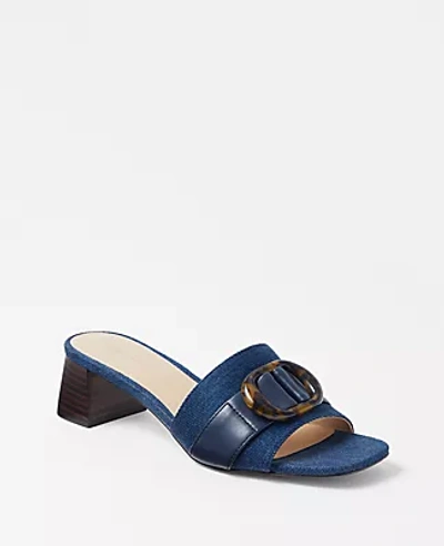 Shop Ann Taylor Denim Tortoiseshell Print Buckle Strap Sandals In Dark Denim Blue