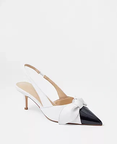 Shop Ann Taylor Leather Bow Mid Heel Slingback Pumps In Winter White