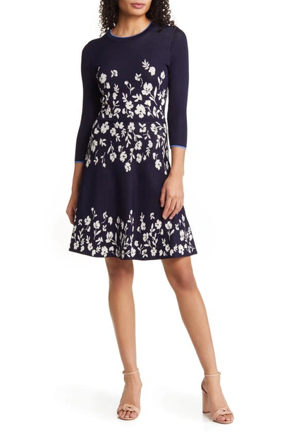 Shop Vince Camuto Floral Jacquard Fit & Flare Dress In Navy