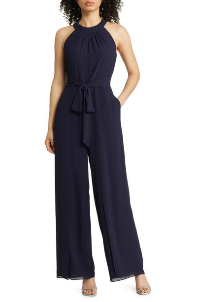 Shop Vince Camuto Halter Neck Chiffon Jumpsuit In Cobalt